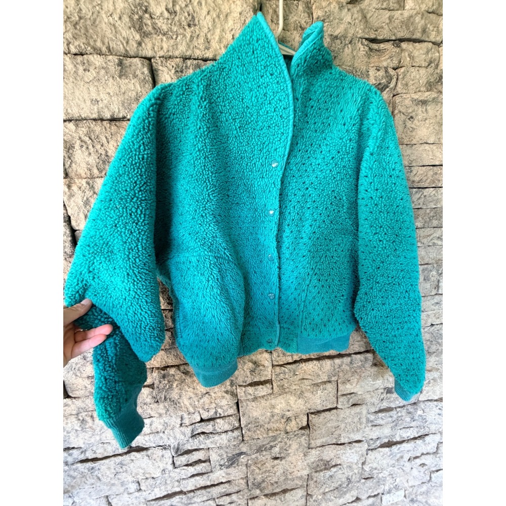VTG LL Bean Fleece Jacket Womens Medium Teal Sherpa Snap Gorpcore Indie 80s